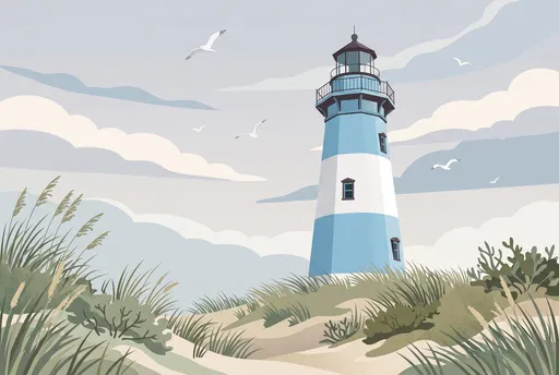 Blue and White Coastal Lighthouse Illustration