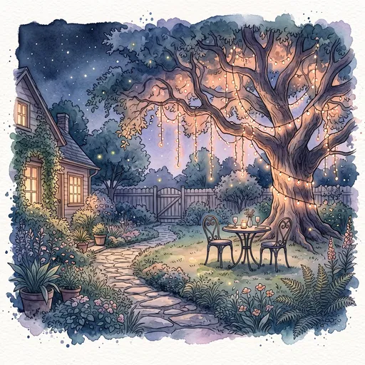 Watercolor Backyard Garden Dinner Under Lights