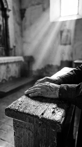 Elderly Hands Resting on Wooden Church Ledge