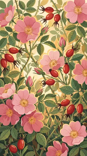 Wild Pink Dog Roses and Rosehips Illustration