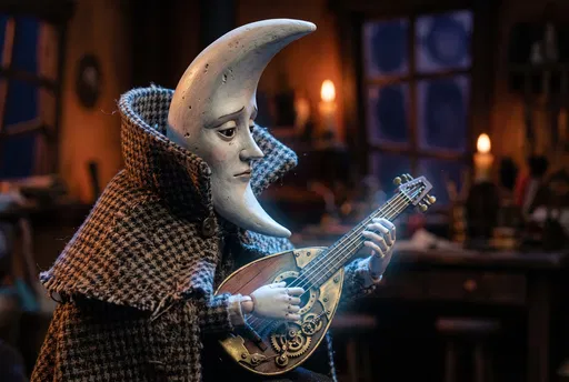 Crescent Moon Puppet Playing Clockwork Lute