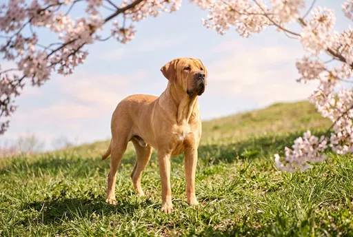 Japanese Mastiff Standing Under Cherry Blossoms