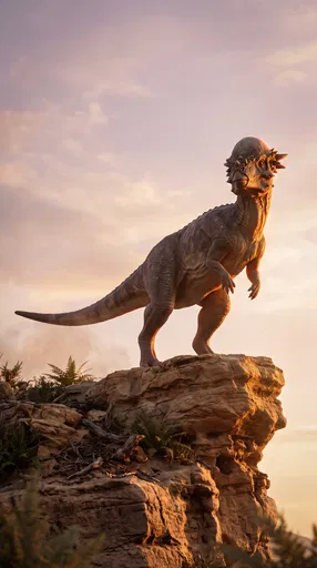 Pachycephalosaurus Standing on Sandstone Cliff at Sunset