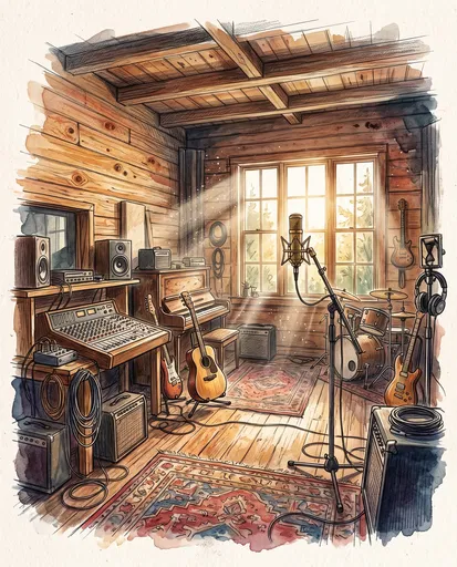 Watercolor Sketch of Rustic Recording Studio