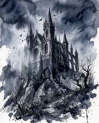 Gothic Castle Watercolor and Ink Illustration