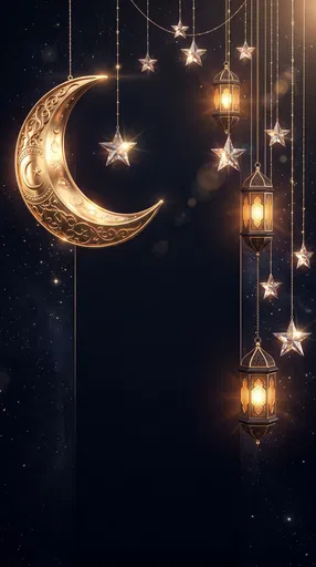 Golden Crescent Moon and Glowing Lanterns