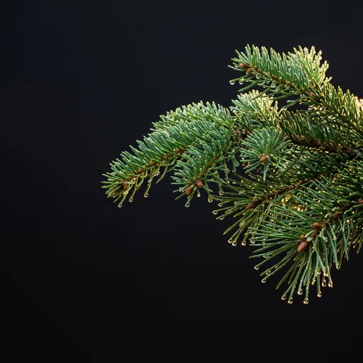 Dewy Conifer Branch on Black Background