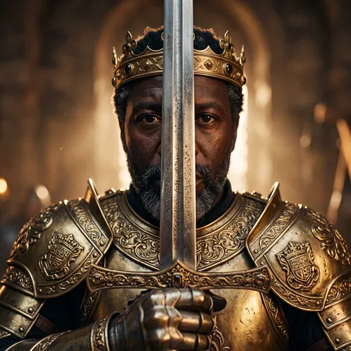 Regal Black King Holding Ornate Broadsword