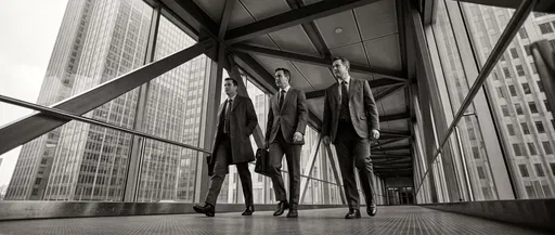 Three Businessmen Walking Across Glass Skybridge