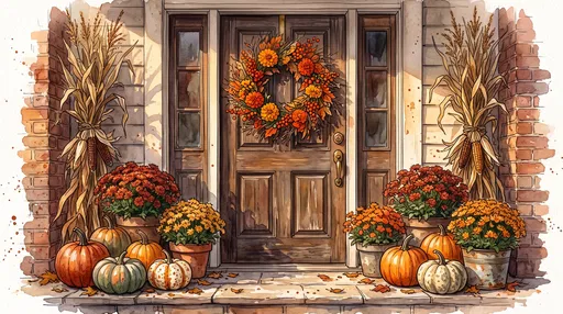 Watercolor Illustration of Autumn Front Porch