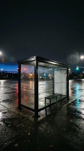 Empty Rainy Bus Shelter at Night