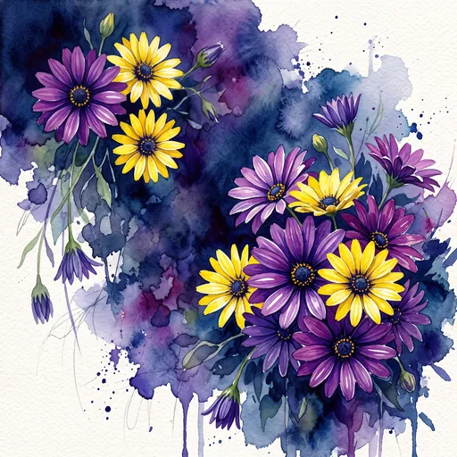 Purple and Yellow Watercolor African Daisies