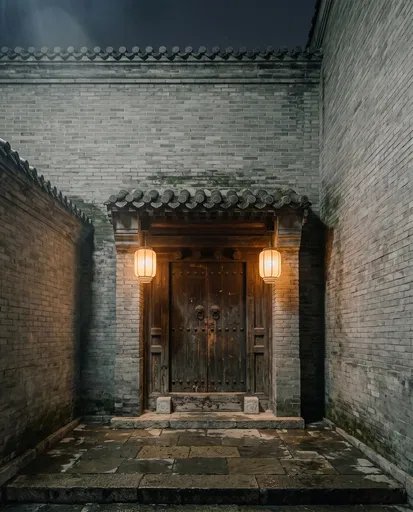 Traditional Chinese Courtyard Entrance at Night