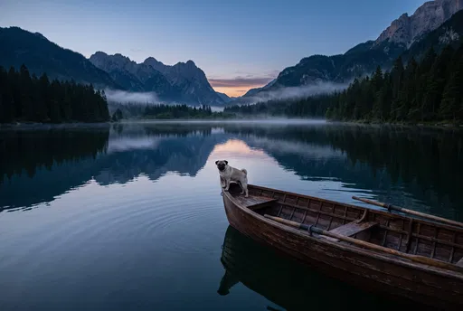 Pug on Rowboat at Mountain Lake