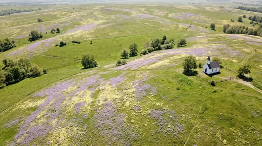 Aerial View of Country Chapel in Meadow