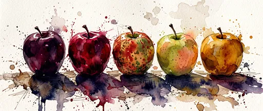 Watercolor Illustration of Five Colorful Apples