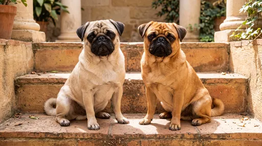 Two Pug Dogs Sitting on Steps