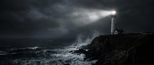 Lighthouse Shining Over Stormy Night Ocean