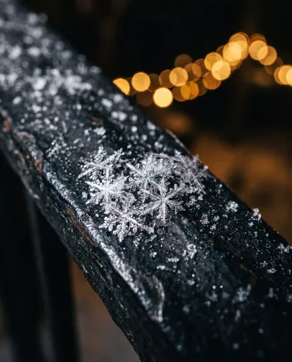 Macro Snowflakes on Dark Railing