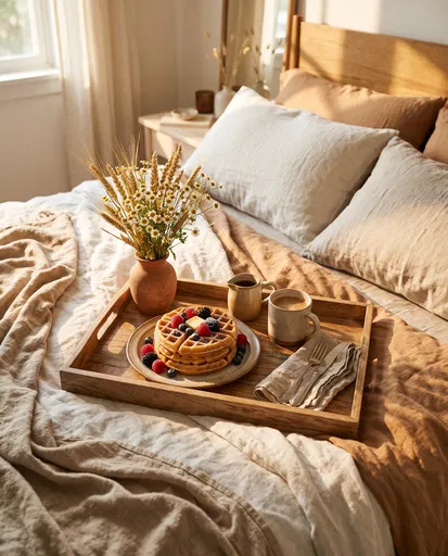 Cozy Breakfast Tray with Waffles in Bed