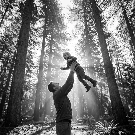 Father Lifting Child in Sunlit Forest