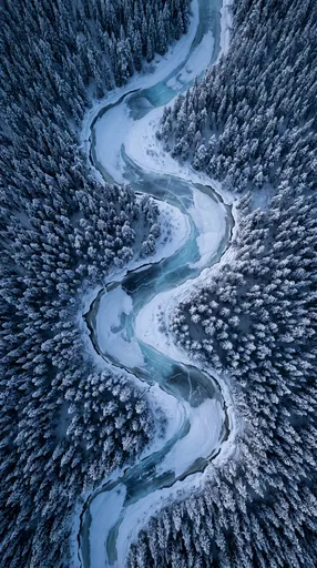 Aerial View of Winding Frozen Winter River