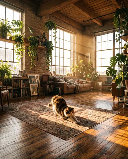 Calico Cat Stretching in Sunlit Loft