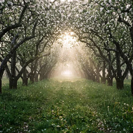 Sunlit Blooming Apple Orchard Tunnel in Spring