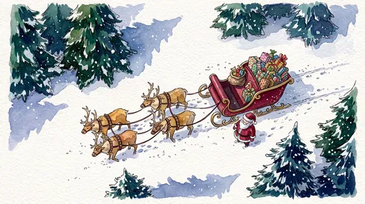 Watercolor Illustration of Santa and Reindeer Sleigh