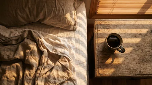 Morning Coffee Beside Unmade Linen Bed
