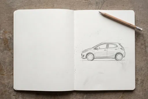 Pencil Sketch of Hatchback in Open Sketchbook