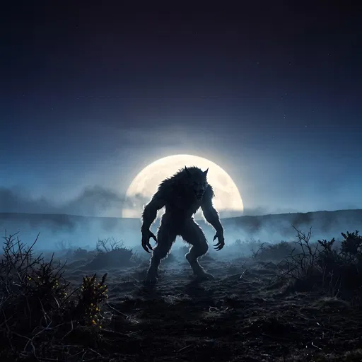 Werewolf Silhouette Against Giant Full Moon