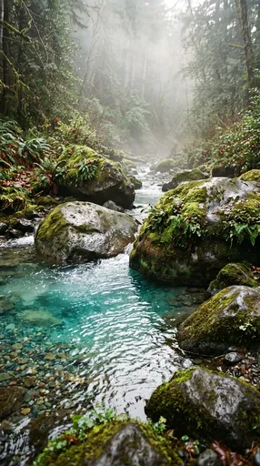 Turquoise Creek in Misty Forest