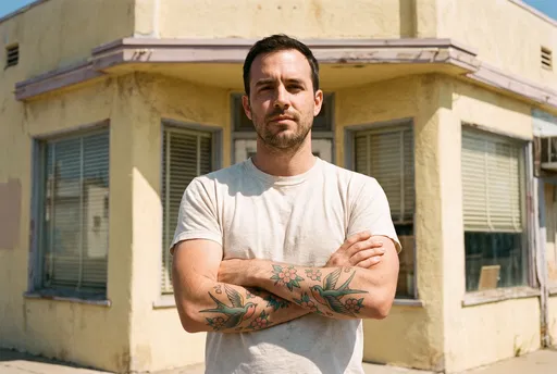 Man With Swallow Tattoos Outside Retro Building
