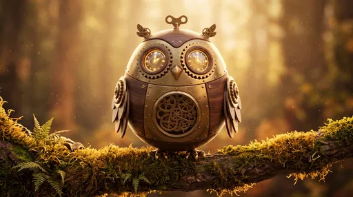 Clockwork Brass Owl on Mossy Branch