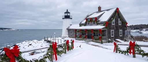 Snowy Coastal Lighthouse With Christmas Decorations