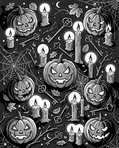 Monochrome Halloween Pumpkins and Candles Illustration