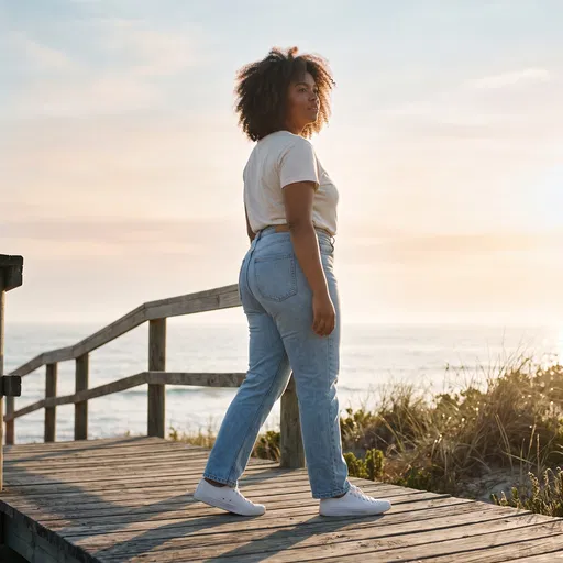 Woman Walking on Coastal Boardwalk at Sunrise