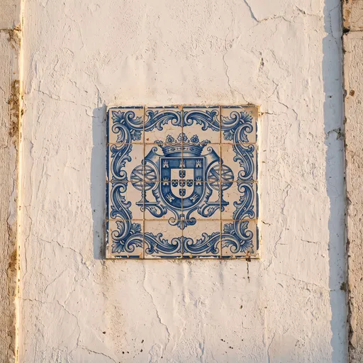 Blue Ceramic Heraldic Tile Panel on Wall