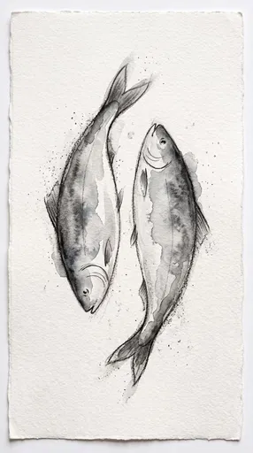 Monochrome Watercolor Drawing of Two Fish