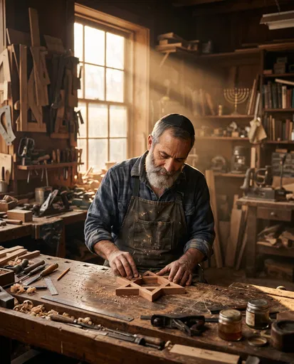 Jewish Artisan Crafting Wooden Star of David