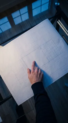 Hand Pointing at Blueprint on Glass Desk