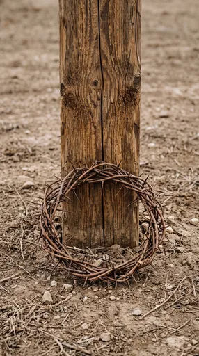 Crown of Thorns at Wooden Cross Base