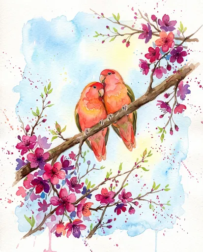 Watercolor Lovebirds on Blossoming Cherry Branch