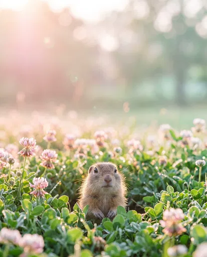 Young Gopher in Morning Clover Field