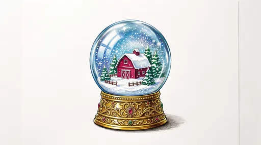 Ornate Snow Globe With Red Barn Illustration