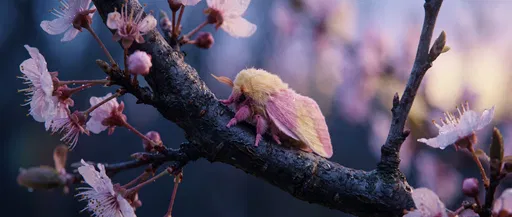 Rosy Maple Moth on Cherry Blossom Branch