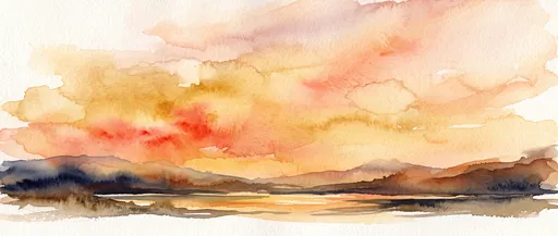 Watercolor Sunset Landscape Over Calm Lake
