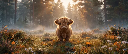 Cute Highland Calf in Misty Meadow