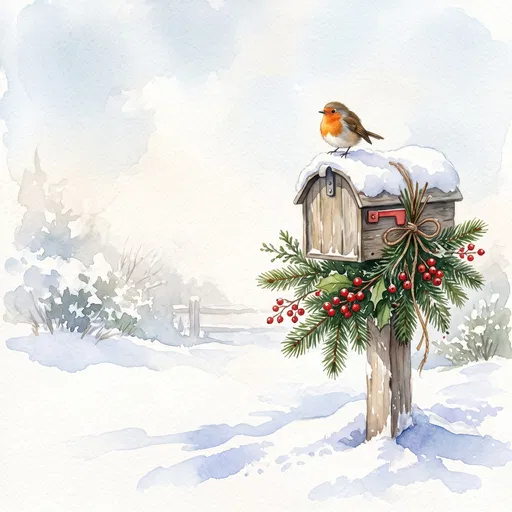 Watercolor Robin on Snowy Festive Mailbox